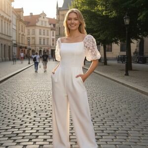 Elegant White Puff-Sleeve Jumpsuit Excellent Condition
